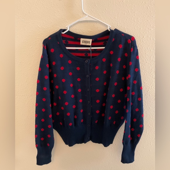 NWT~Vintage Inspired Navy Cardigan Sweater with Red Polka Dots, UK XL-Import!🍒 - Picture 6 of 10